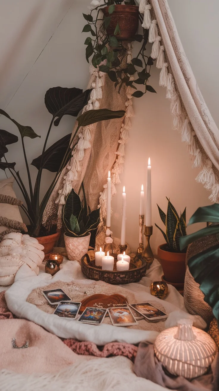 Cozy altar space with candles, tarot cards, and plants for rituals.