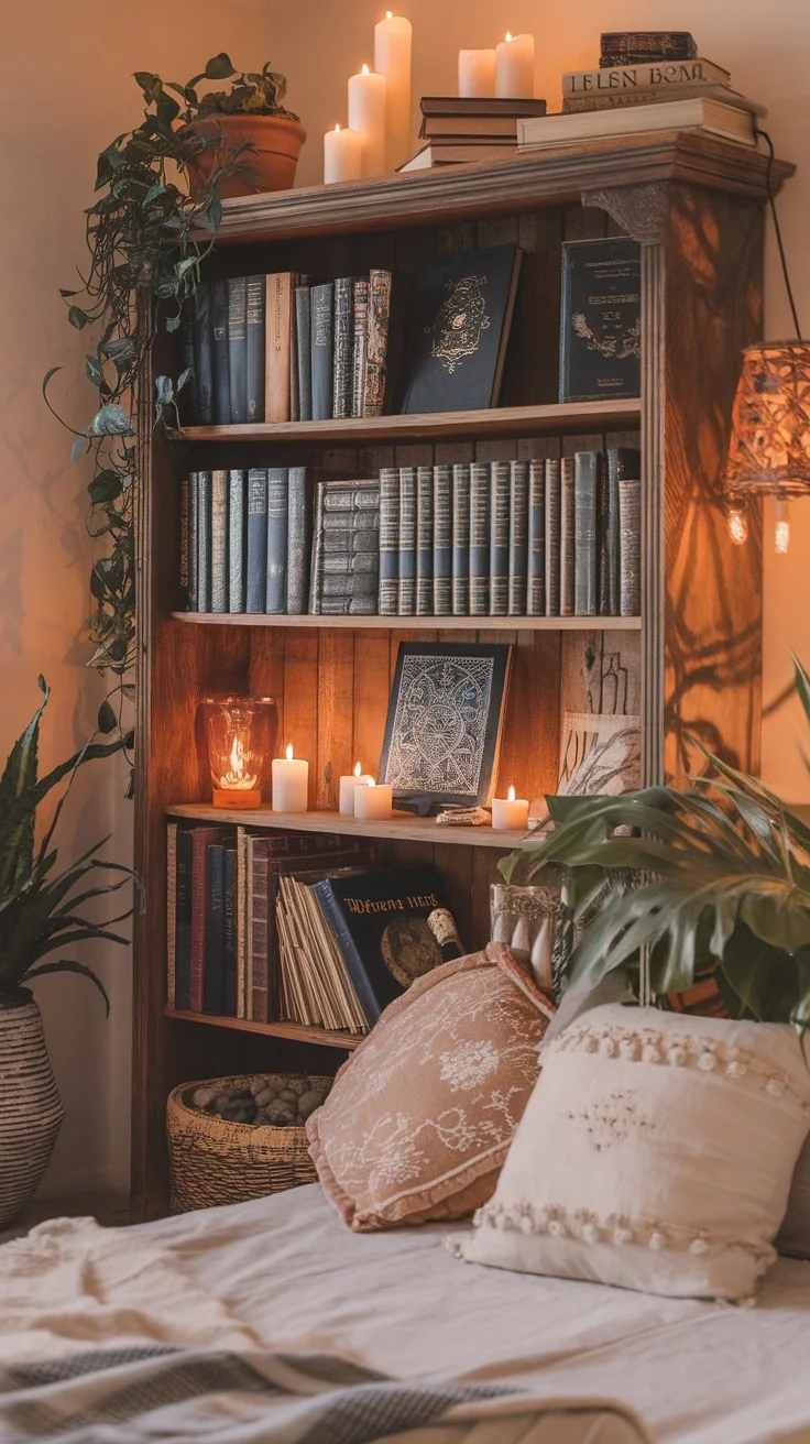 A cozy boho witchy bedroom featuring antique books and candles on a wooden shelf.