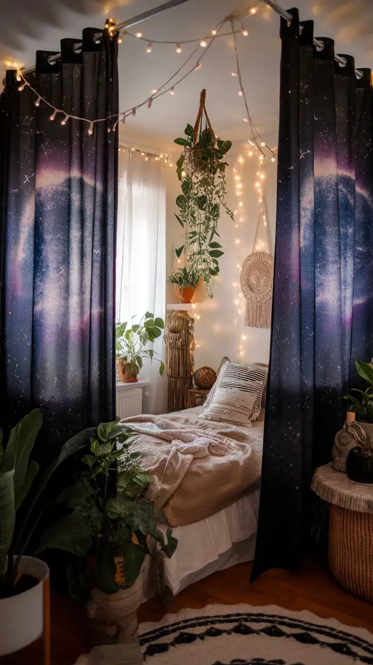 A cozy bedroom with blackout curtains featuring a celestial print, fairy lights, and plants.