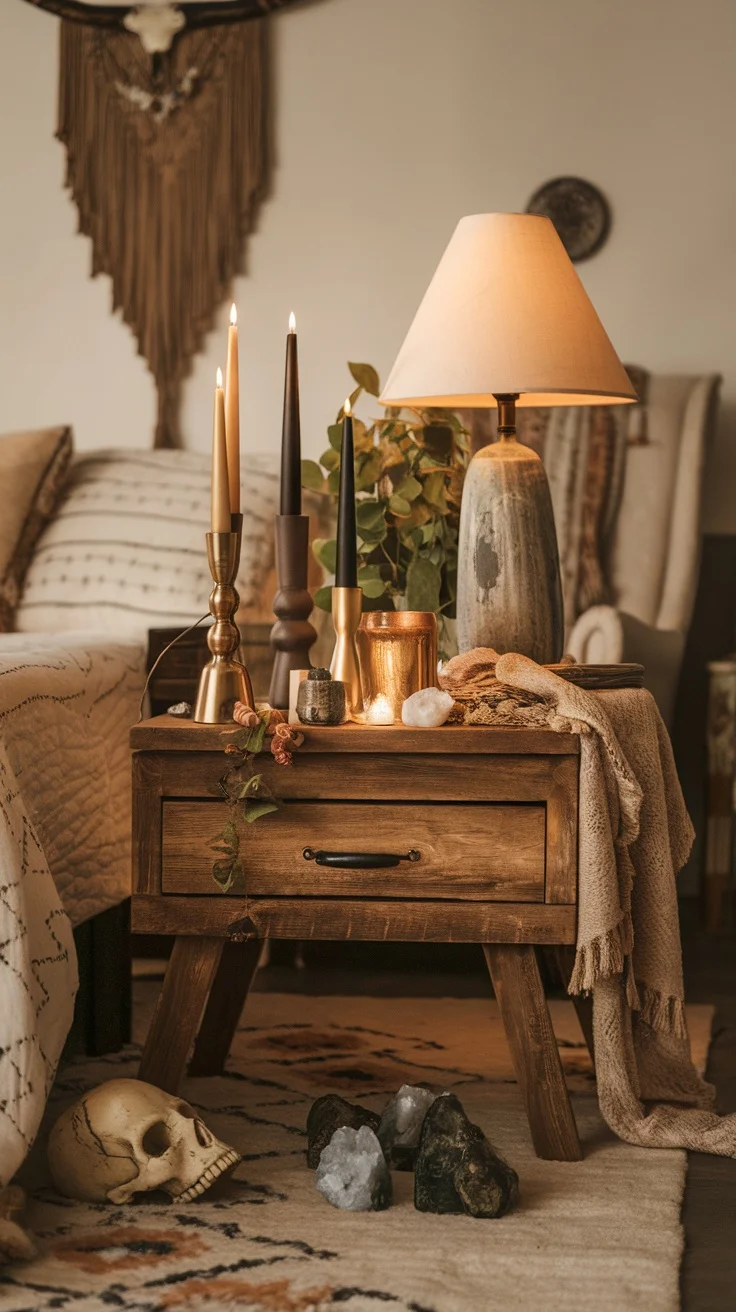 A cozy bedroom scene featuring candle holders in gold, black, and bronze, creating a magical atmosphere.