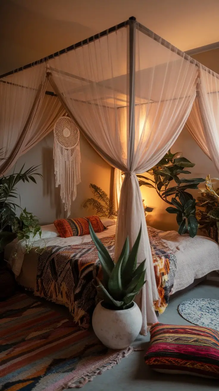 Canopy bed in a boho witchy bedroom with sheer curtains and plants.