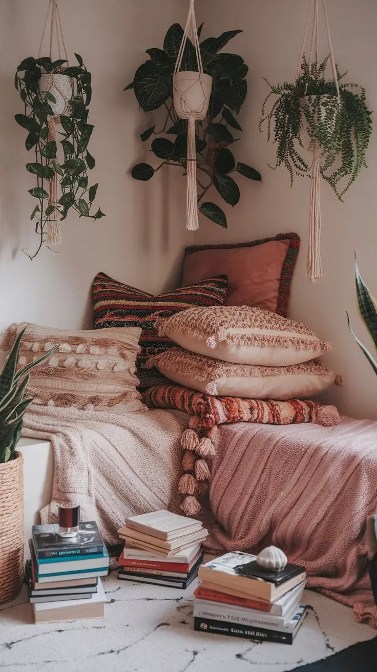 A cozy nook with plush blankets, colorful pillows, and books surrounded by hanging plants.