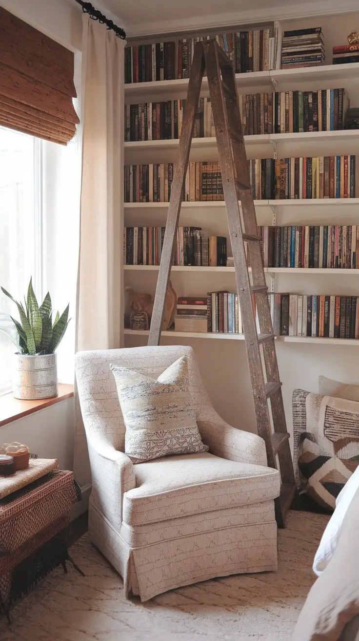Cozy reading nook with a chair, bookshelf, and plants