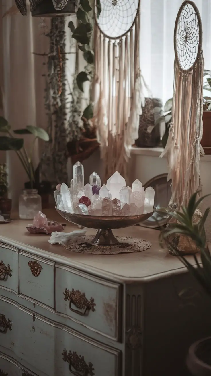 A beautifully arranged crystal collection displayed on a dresser with dreamcatchers in the background.