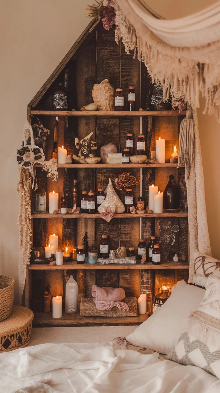 A cozy boho witchy bedroom display featuring various spell bottles, potions, and candles on wooden shelves.