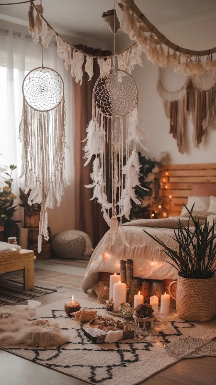 A cozy boho bedroom featuring dreamcatchers and feathers hanging from the ceiling, creating a magical atmosphere.