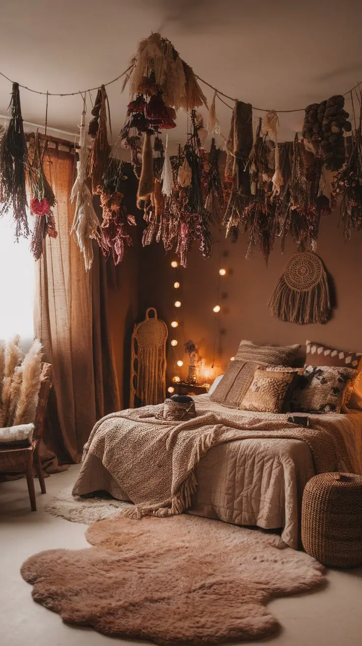 Boho witchy bedroom featuring dried flowers and herbs hanging from the ceiling