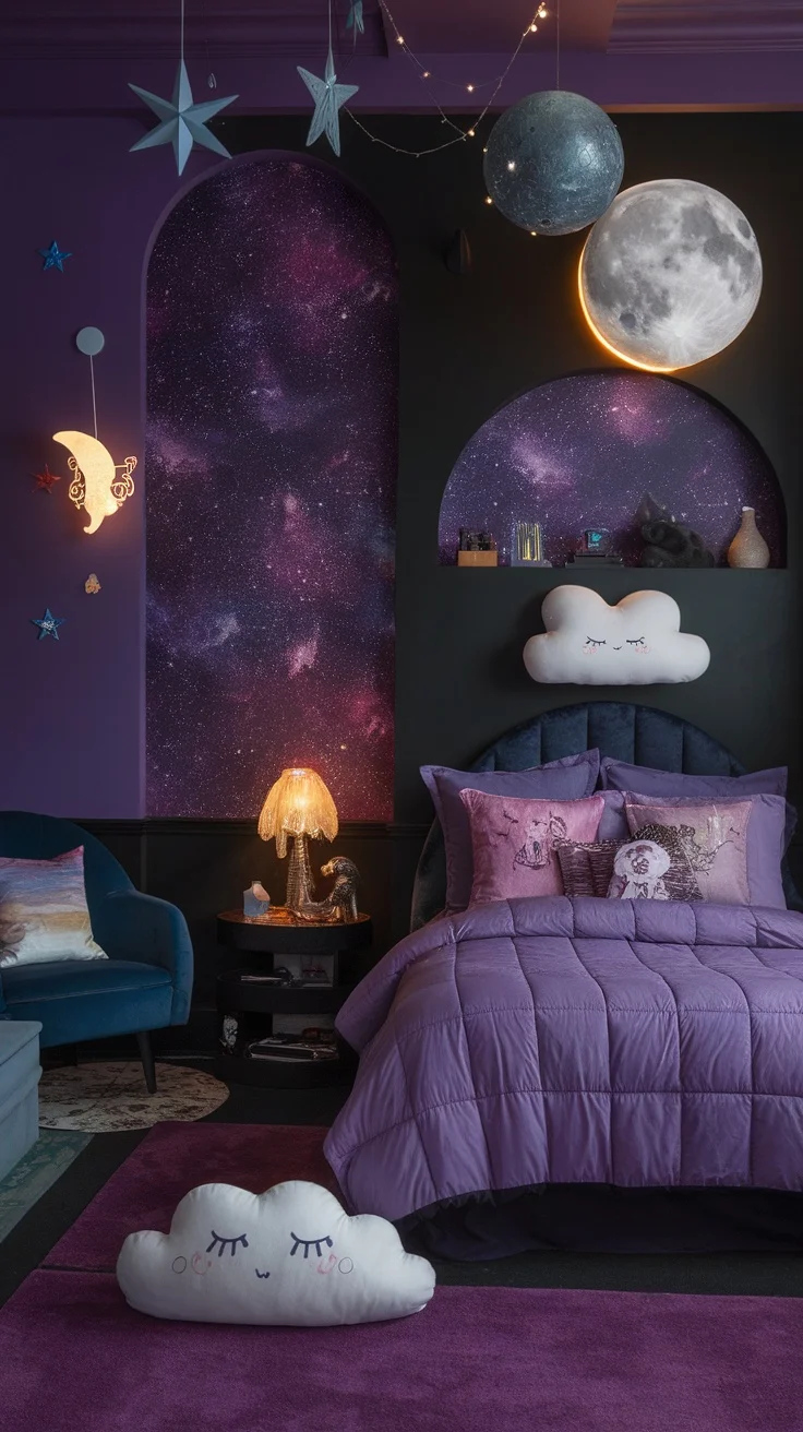 A witchy bedroom showcasing deep purples and soft pinks with celestial decor.
