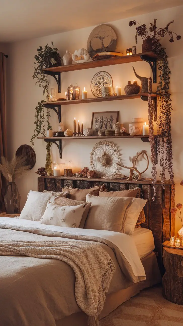 A cozy bedroom featuring floating shelves adorned with candles, crystals, and decorative items.
