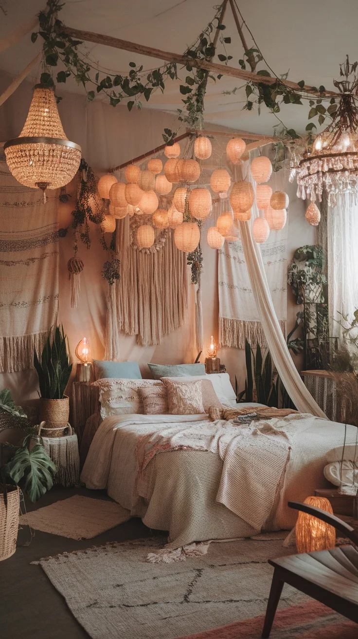 A boho witchy bedroom with hanging lanterns and a crystal chandelier, creating a cozy and magical atmosphere.