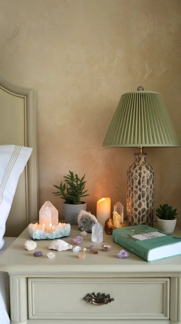 A cozy bedroom corner featuring crystals, candles, and a plant on a nightstand.