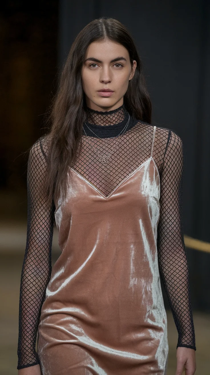 Model wearing a mesh turtleneck under a velvet slip dress