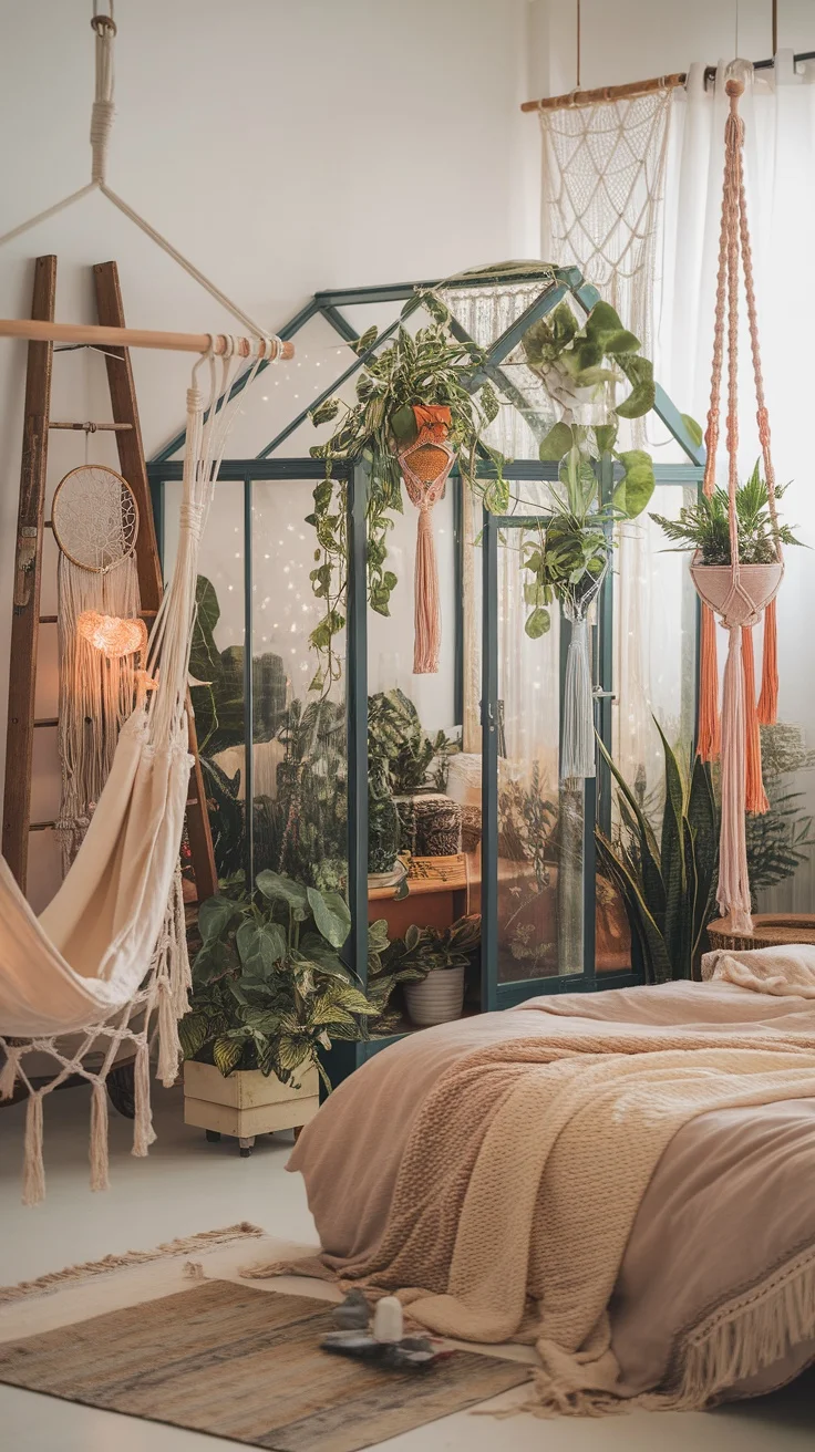 A cozy bedroom featuring a mini greenhouse and hanging planters with various plants.