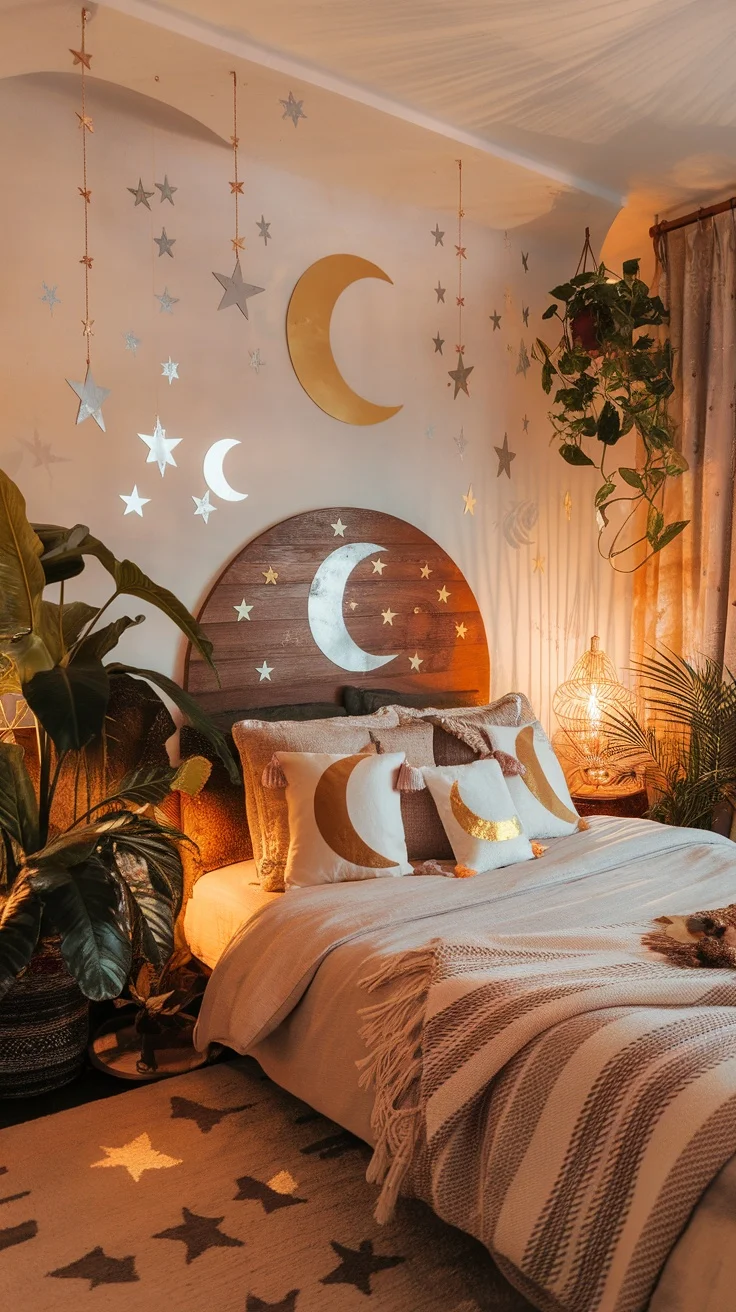 A cozy bedroom featuring moon and star accents in gold and silver, with plants and warm lighting.