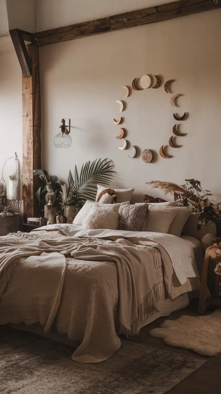 A cozy bedroom featuring a moon phase wall decor, with earthy tones and soft textures.