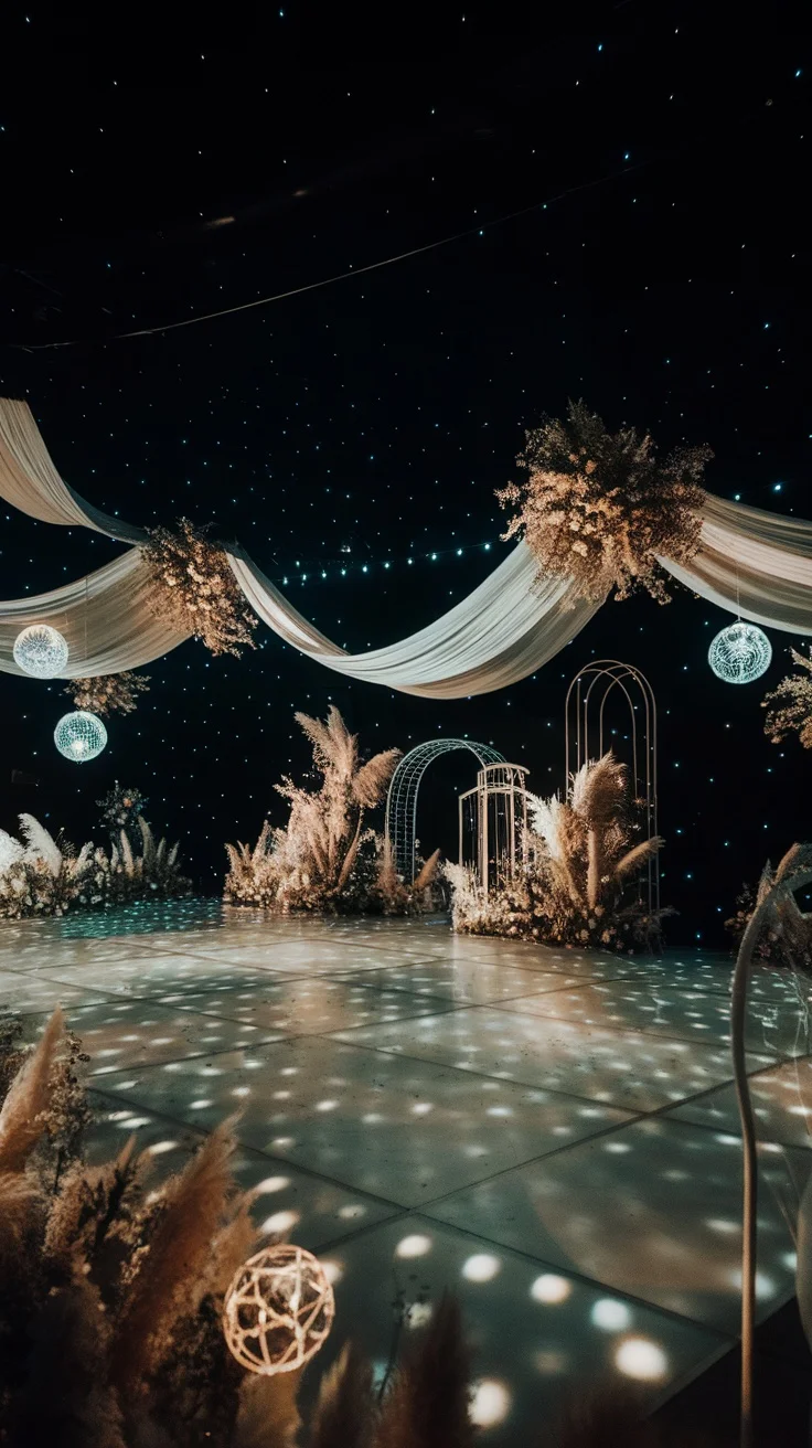 A beautifully decorated dance floor with lights and drapes, surrounded by greenery and flowers.