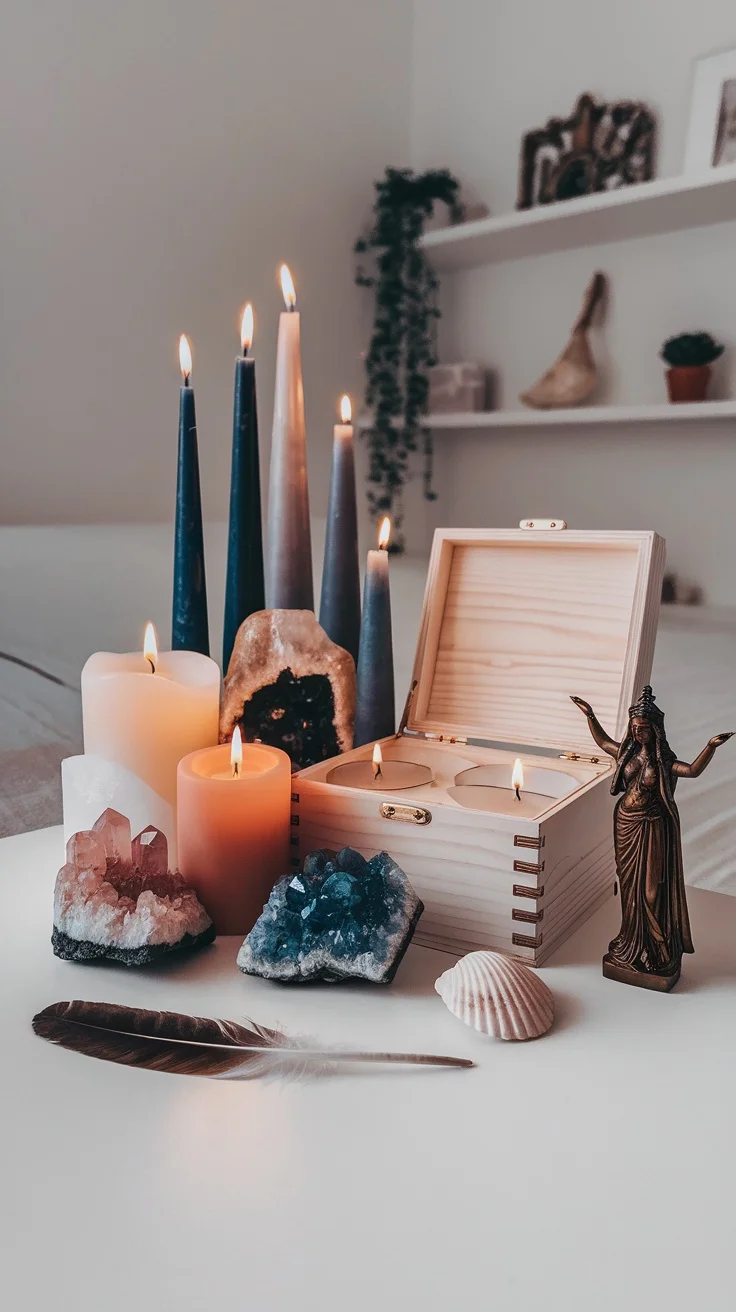 A cozy workspace featuring candles, crystals, and a wooden box for magical items.