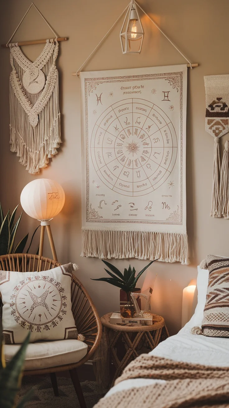 A cozy boho witchy bedroom featuring an astrology chart and zodiac-themed decor