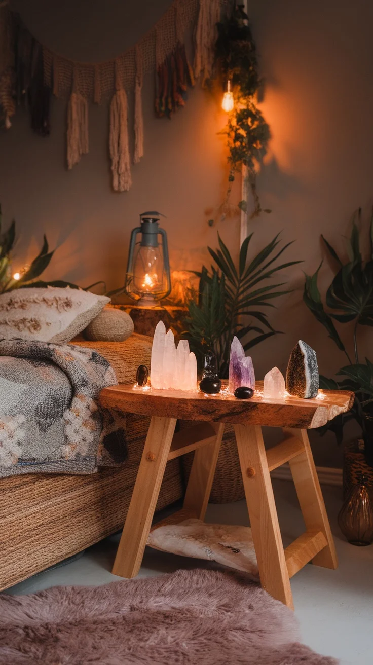 A cozy boho witchy bedroom featuring a wooden table with selenite, amethyst, and obsidian stones, surrounded by warm lighting and plants.