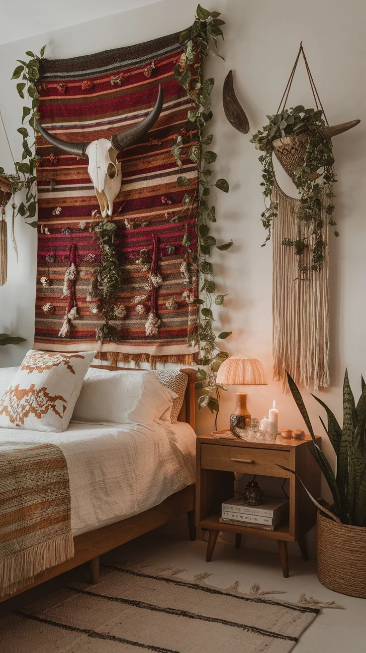 A cozy boho witchy bedroom featuring a wall hanging with a skull and plants.