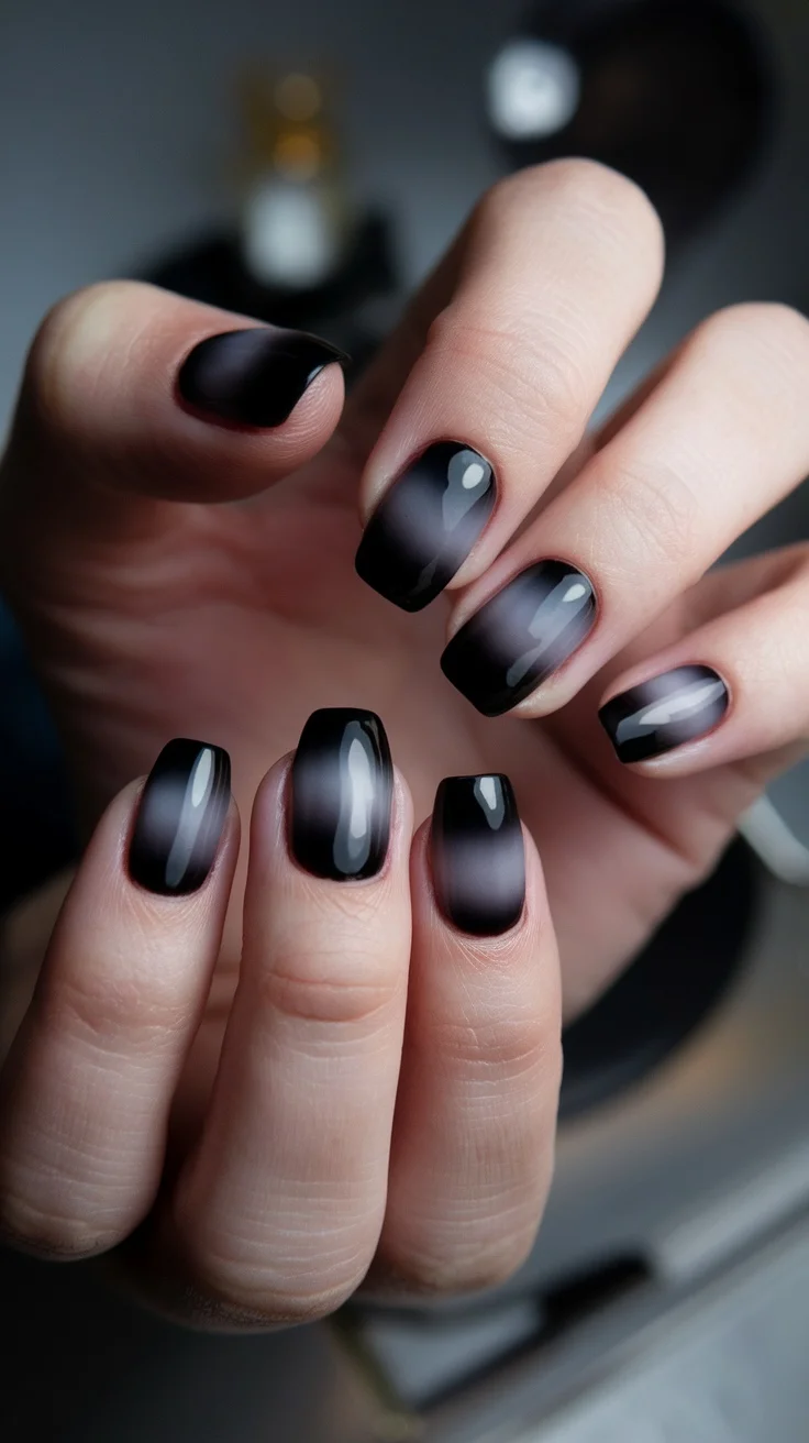 A close-up of hands showcasing smoky black ombre nails with a glossy finish.