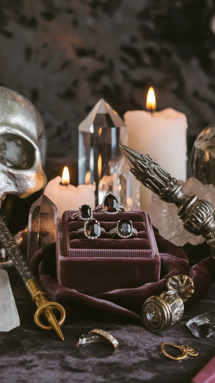A collection of smoky quartz wedding rings displayed with candles and crystals.