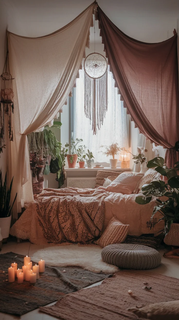 A cozy boho bedroom with soft, flowing curtains in neutral and deep tones, surrounded by plants and candles.