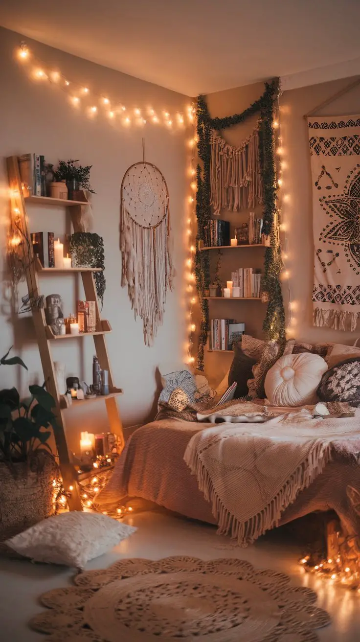 A boho witchy bedroom featuring string lights and cozy decor.
