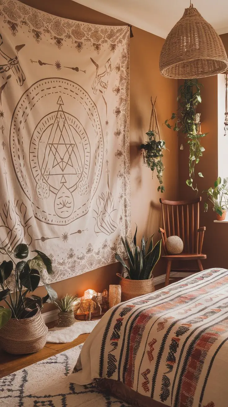 Boho witchy bedroom with a tapestry featuring mystical symbols, plants, and warm lighting.