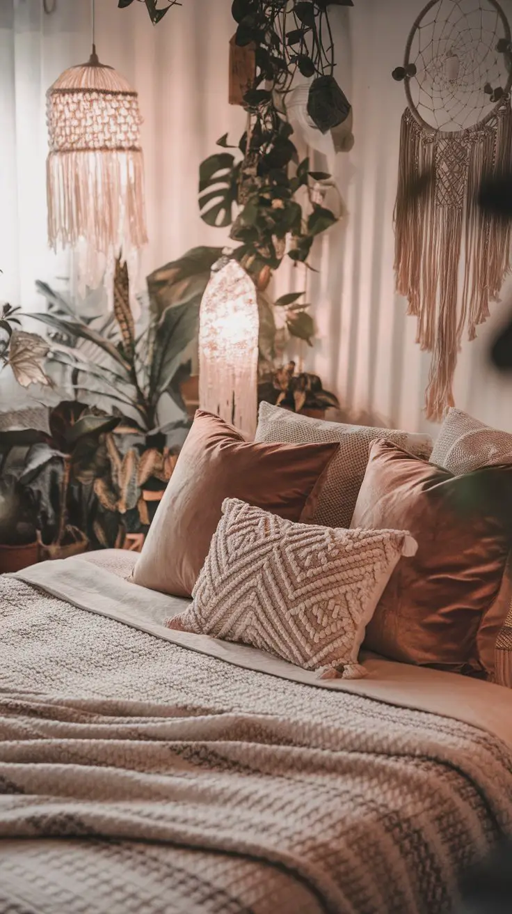 A cozy bed with velvet and macramé pillows, showcasing a bohemian style.