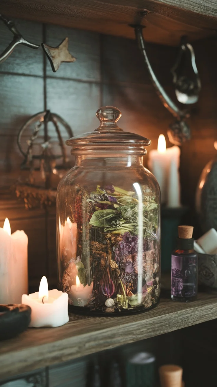 A collection of vintage apothecary jars filled with herbs and set among candles and decorative items.