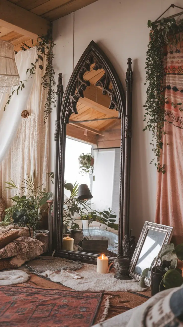 A vintage gothic-inspired mirror in a boho bedroom setting with plants and candles