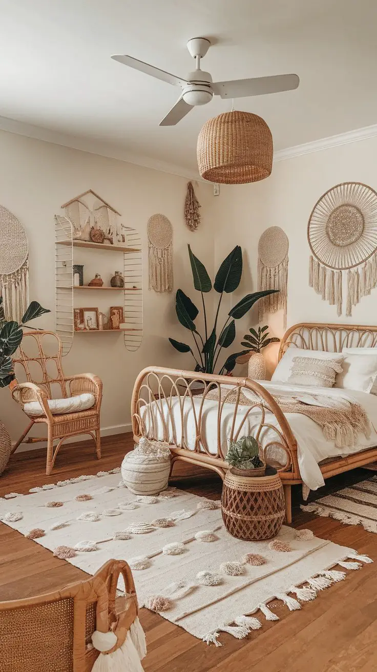 Cozy boho witchy bedroom featuring wicker and rattan furniture with a calming aesthetic.