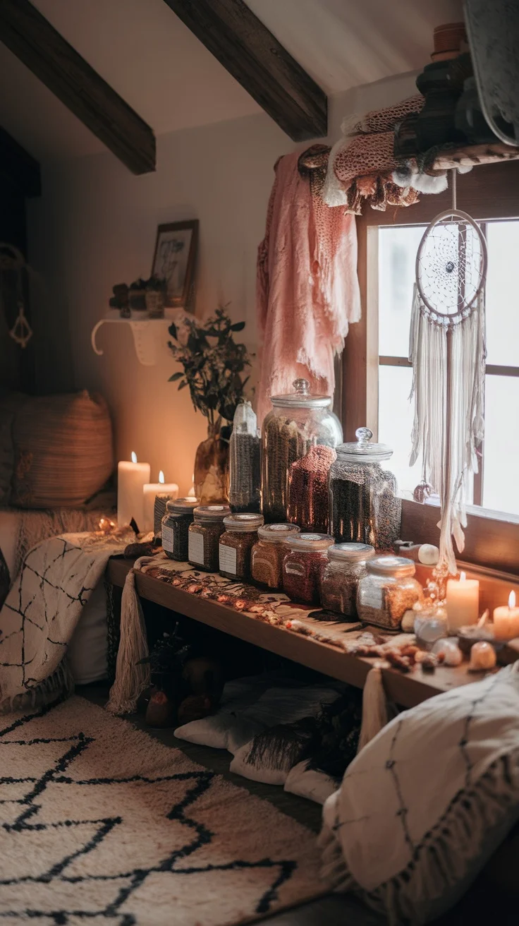 A cozy bedroom scene featuring jars filled with herbs and spices on a wooden shelf, candles lit, and soft textiles.